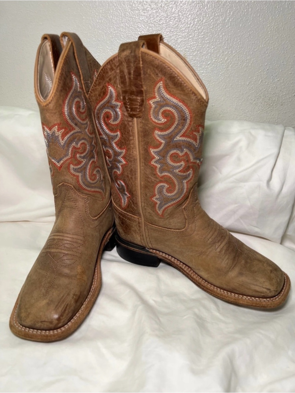 Old West Brown Cowboy Boots with Orange & Gray Embroidery
